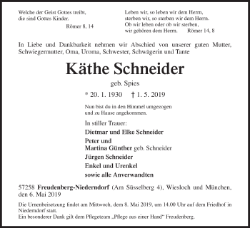Traueranzeige von Käthe Schneider von Siegener Zeitung