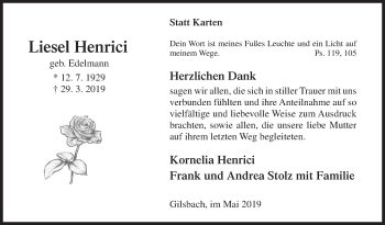 Traueranzeige von Liesel Henrici von Siegener Zeitung