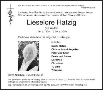 Traueranzeige von Lieselore Hatzig von Siegener Zeitung