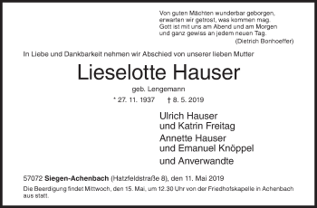 Traueranzeige von Lieselotte Hauser von Siegener Zeitung