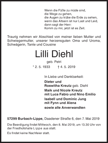 Traueranzeige von Lilli Diehl von Siegener Zeitung