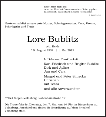 Traueranzeige von Lore Bublitz von Siegener Zeitung