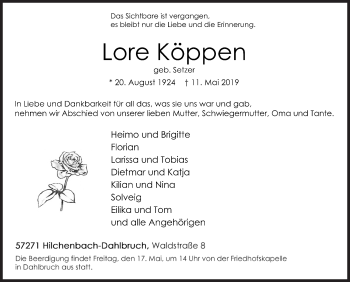 Traueranzeige von Lore Köppen von Siegener Zeitung