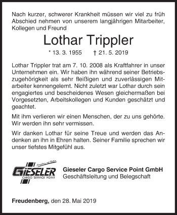 Traueranzeige von Lothar Trippler von Siegener Zeitung