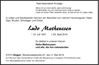 Traueranzeige von Ludo Matheussen von Siegener Zeitung