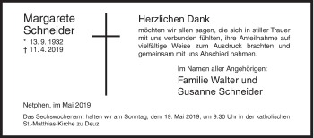 Traueranzeige von MArgarete Schneider von Siegener Zeitung
