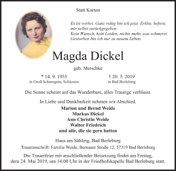 Traueranzeige von Magda Dickel von Siegener Zeitung