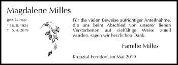 Traueranzeige von Magdalene Milles von Siegener Zeitung