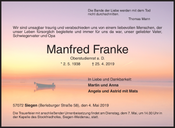 Traueranzeige von Manfred Franke von Siegener Zeitung