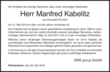 Traueranzeige von Manfred Kabelitz von Siegener Zeitung