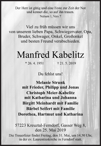 Traueranzeige von Manfred Kabelitz von Siegener Zeitung