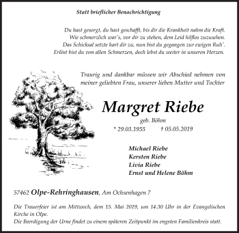Traueranzeige von Margret Riebe von Siegener Zeitung