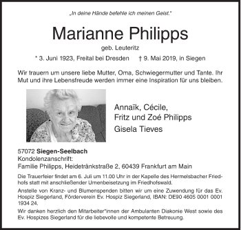 Traueranzeige von Marianne Philipps von Siegener Zeitung