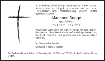 Traueranzeige von Marianne Runge von Siegener Zeitung