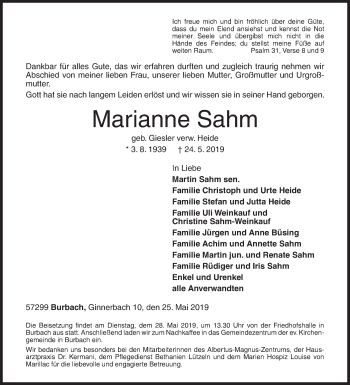 Traueranzeige von Marianne Sahm von Siegener Zeitung