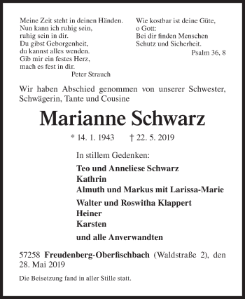 Traueranzeige von Marianne Schwarz von Siegener Zeitung