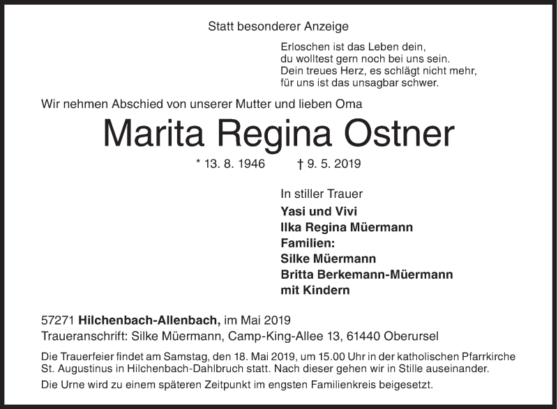  Traueranzeige für Marita Regina Ostner vom 15.05.2019 aus Siegener Zeitung