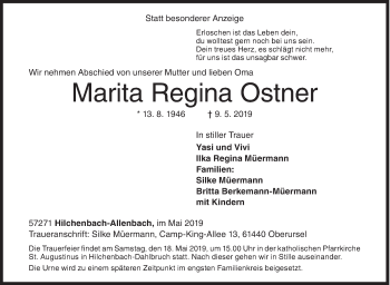 Traueranzeige von Marita Regina Ostner von Siegener Zeitung