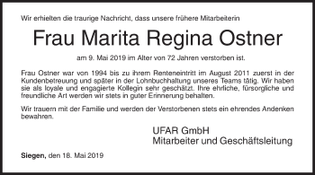 Traueranzeige von Marita Regina Ostner von Siegener Zeitung