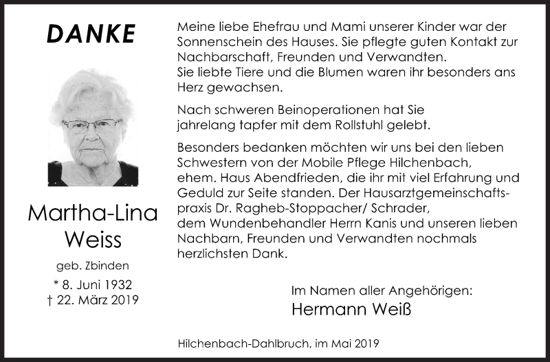  Traueranzeige für Martha-Lina Weiss vom 11.05.2019 aus Siegener Zeitung