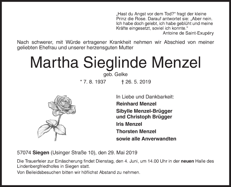  Traueranzeige für Martha Sieglinde Menzel vom 29.05.2019 aus Siegener Zeitung