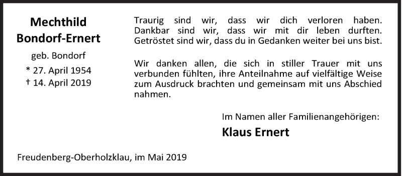  Traueranzeige für Mechthild Bondorf-Ernert vom 04.05.2019 aus Siegener Zeitung