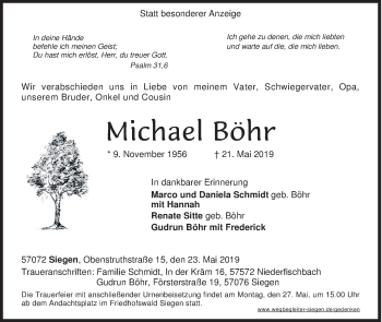 Traueranzeige von Michael Böhr von Siegener Zeitung