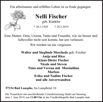 Traueranzeige von Nelli Fischer von Siegener Zeitung