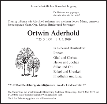 Traueranzeige von Ortwin Aderhold von Siegener Zeitung