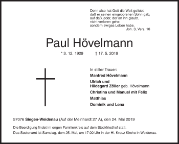 Traueranzeige von Paul Hövelmann von Siegener Zeitung