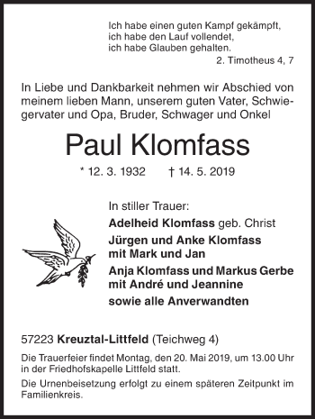 Traueranzeige von Paul Klomfass von Siegener Zeitung