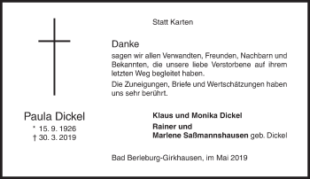 Traueranzeige von Paula Dickel von Siegener Zeitung
