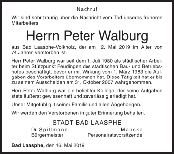 Traueranzeige von Peter Walburg von Siegener Zeitung