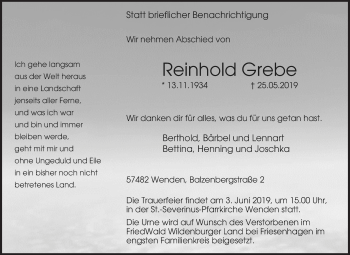 Traueranzeige von Reinhold Grebe von Siegener Zeitung