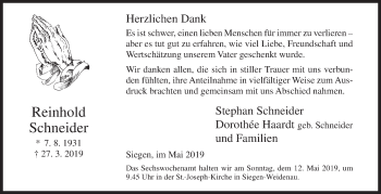 Traueranzeige von Reinhold Schneider von Siegener Zeitung