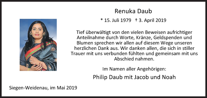  Traueranzeige für Renuka Daub vom 11.05.2019 aus Siegener Zeitung
