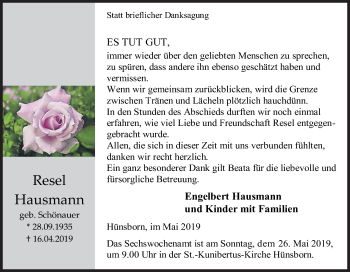 Traueranzeige von Resel Hausmann von Siegener Zeitung