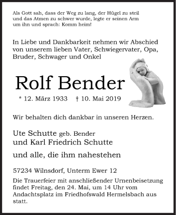 Traueranzeige von Rolf Bender von Siegener Zeitung