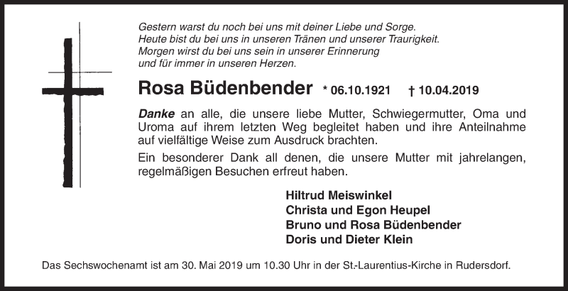 Traueranzeige für Rosa Büdenbender vom 25.05.2019 aus Siegener Zeitung