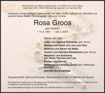 Traueranzeige von Rosa Groos von Siegener Zeitung