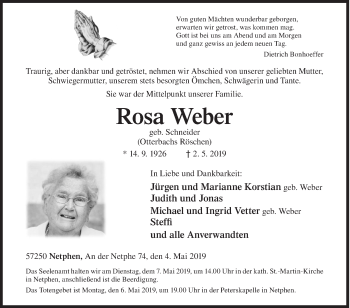 Traueranzeige von Rosa Weber von Siegener Zeitung