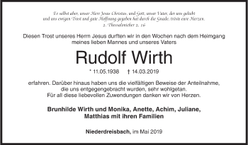 Traueranzeige von Rudolf Wirth von Siegener Zeitung