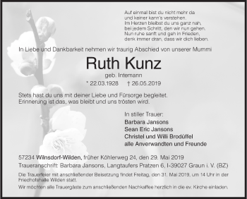 Traueranzeige von Ruth Kunz von Siegener Zeitung