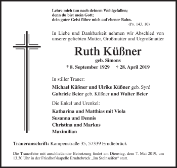 Traueranzeige von Ruth Küßner von Siegener Zeitung