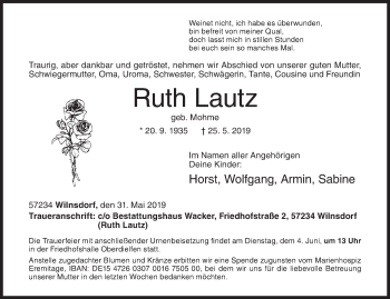 Traueranzeige von Ruth Lautz von Siegener Zeitung