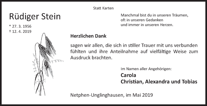  Traueranzeige für Rüdiger Stein vom 31.05.2019 aus Siegener Zeitung