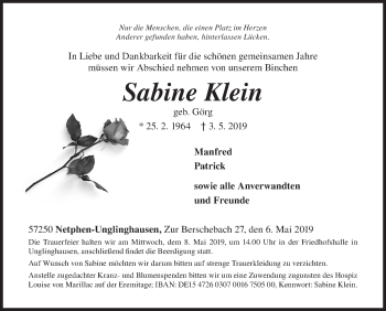 Traueranzeige von Sabine Klein von Siegener Zeitung