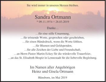 Traueranzeige von Sandra Ortmann von Siegener Zeitung