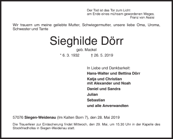 Traueranzeige von Sieghilde Dörr von Siegener Zeitung