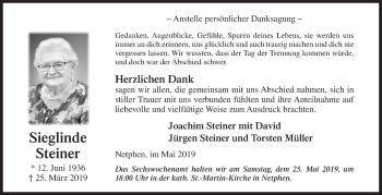 Traueranzeige von Sieglinde Steiner von Siegener Zeitung